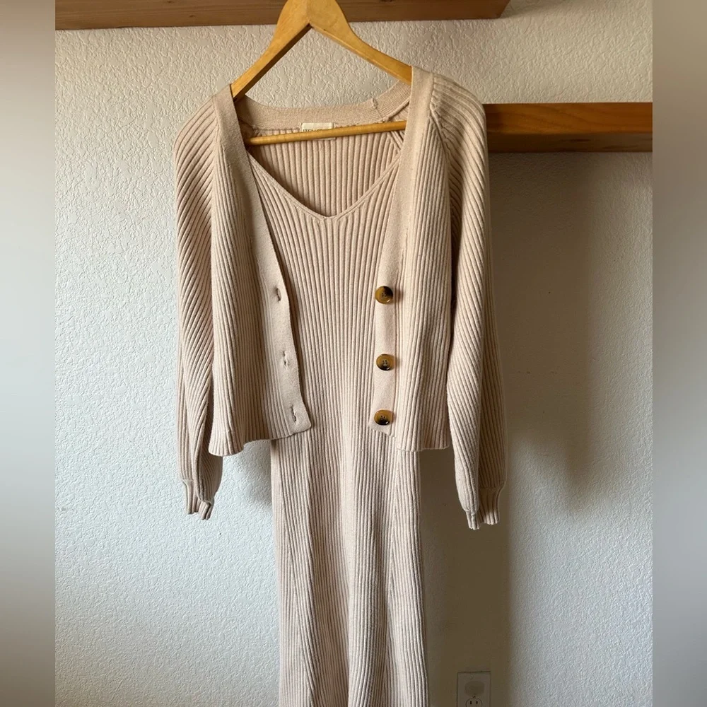 Luca + Grae Dress & Cardigan Sweater Ribbed Body-con Set Tan Size Medium - Picture 3 of 7
